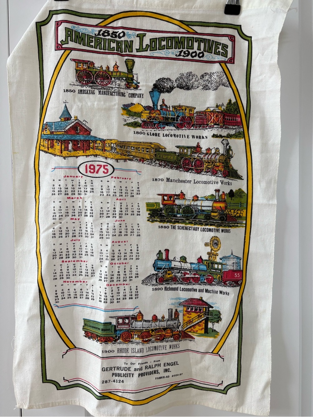 Vintage Train Calendar Tea Towel — Multicolor Locomotive Print 1975 calendar